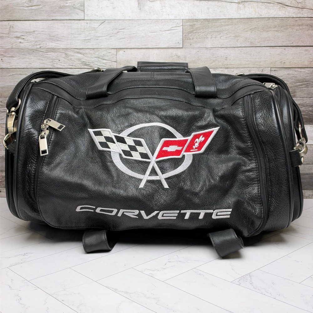 Leather Corvette Duffel Bag | Black Embroidered Logo Travel Gym Weekender VTG